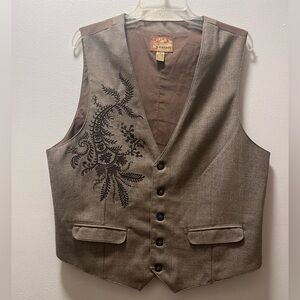 R-Vintage Casual Western Vibe Men’s Vest, Med, Brown with Embroidered Detail